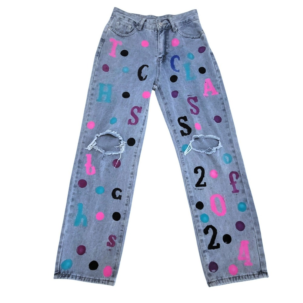 NWT NVFelix Graphic Hand Painted Light Wash High Waist Distressed Jeans 30 X 29